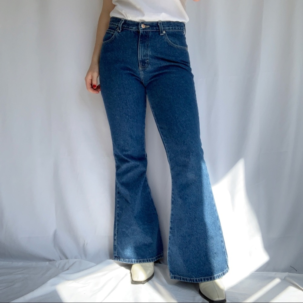 VTG 90s Rave Bell Bottom Mid Rise Blue Jeans 27